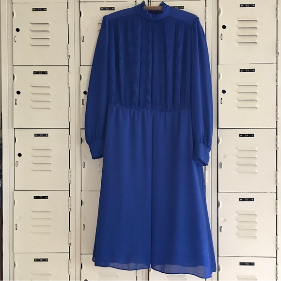 Vintage cobalt blue ruffle neck puff shoulder semi-sheer long sleeve midi dress - Picture 9 of 15